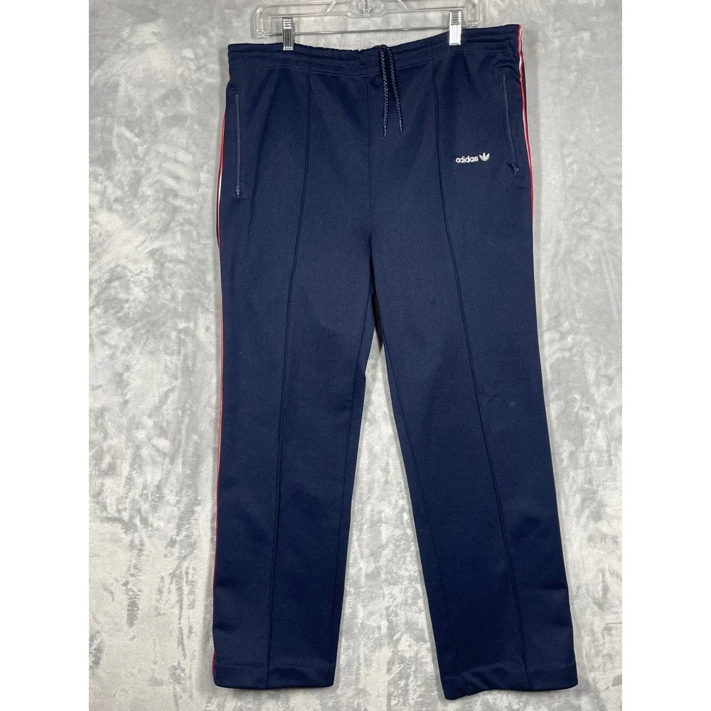 Vintage Adidas Trefoil Navy Blue Track Pants Red White Stripe Zip Pockets L
